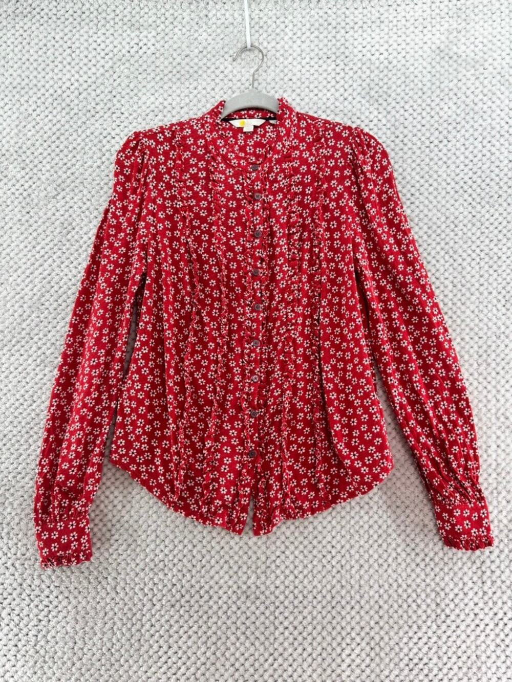 Boden Top Button Front Womens 6R Red Floral Long Sleeve